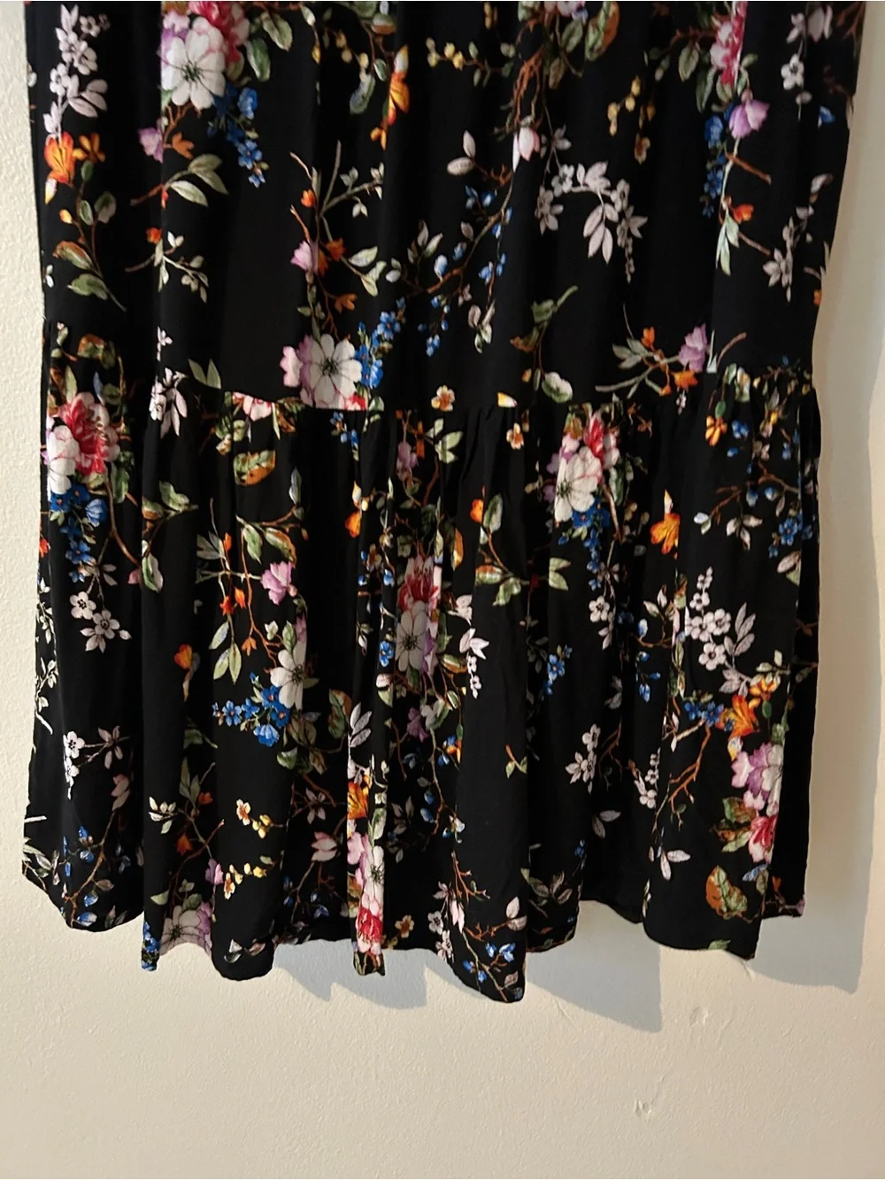 Black Floral Midi Skirt with Ruffle Hem
